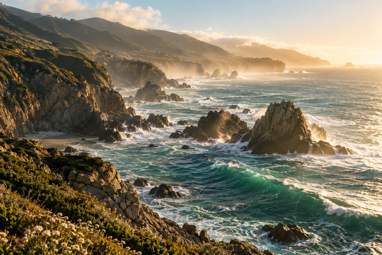 Illustrative California coastline at sunset