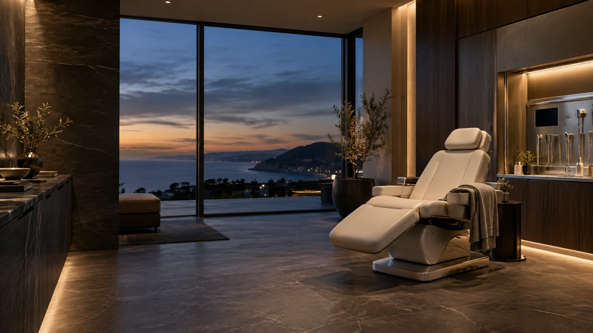 Illustrative architectural concept of a private contemporary wellness suite at dusk