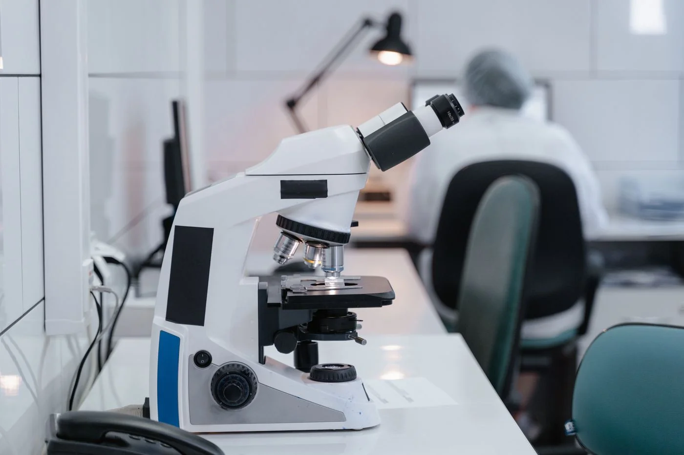 Microscope on a laboratory workbench